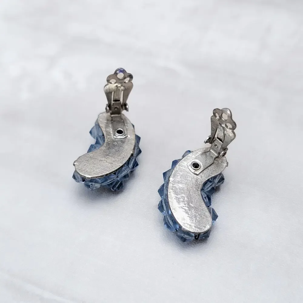 Vintage Clip On Earrings Kidney Bean Shape Large Blue Beaded Statement 1 & 3/8